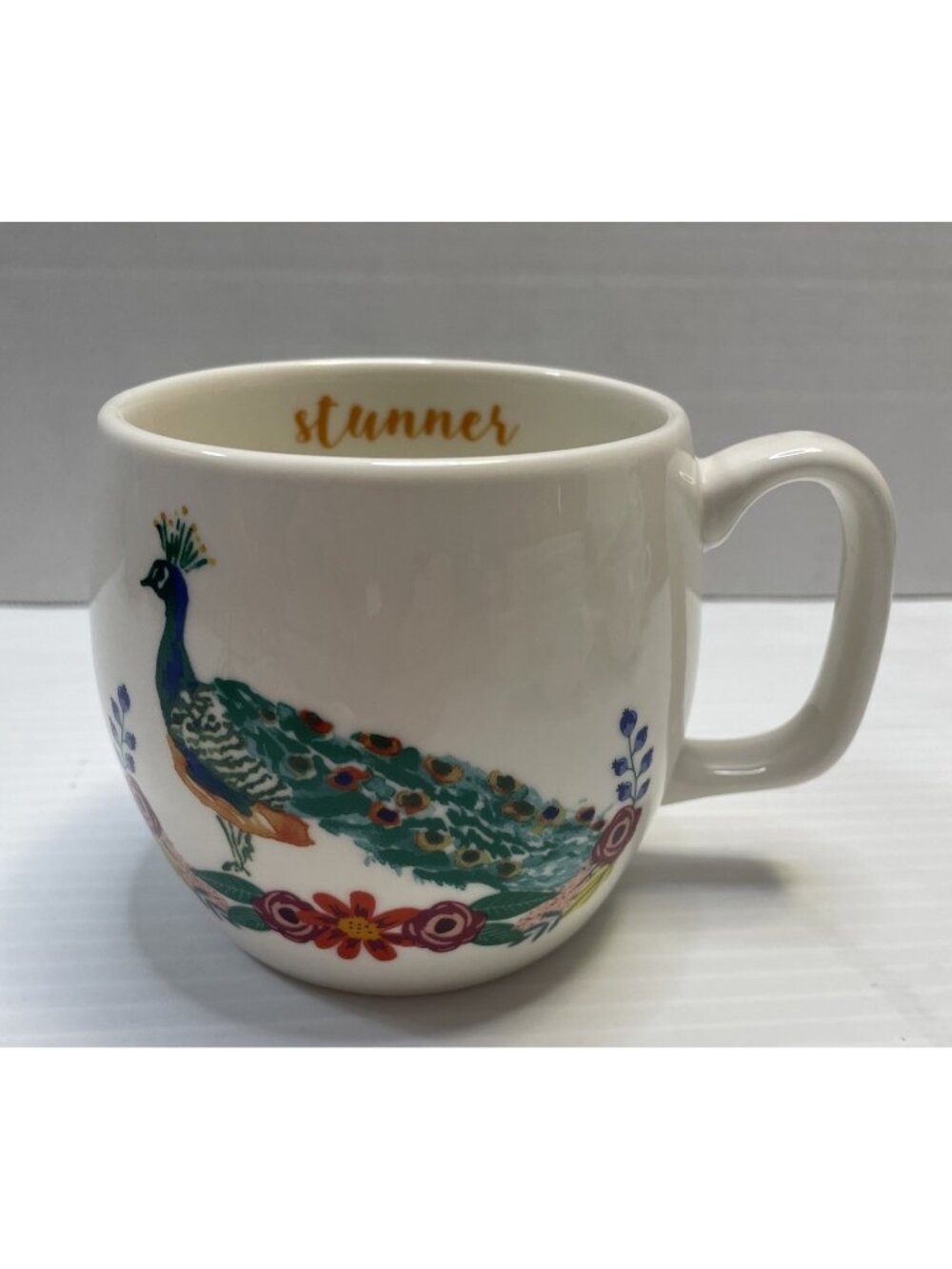 Opal House Colorful Peacock Coffee Tea Mug Cup Stunner on Inside Stoneware - EUC